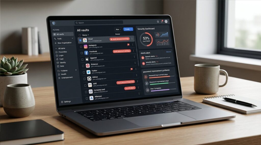 Bitwarden Premium Vault Health Alerts und Passwort Coaching im Dashboard