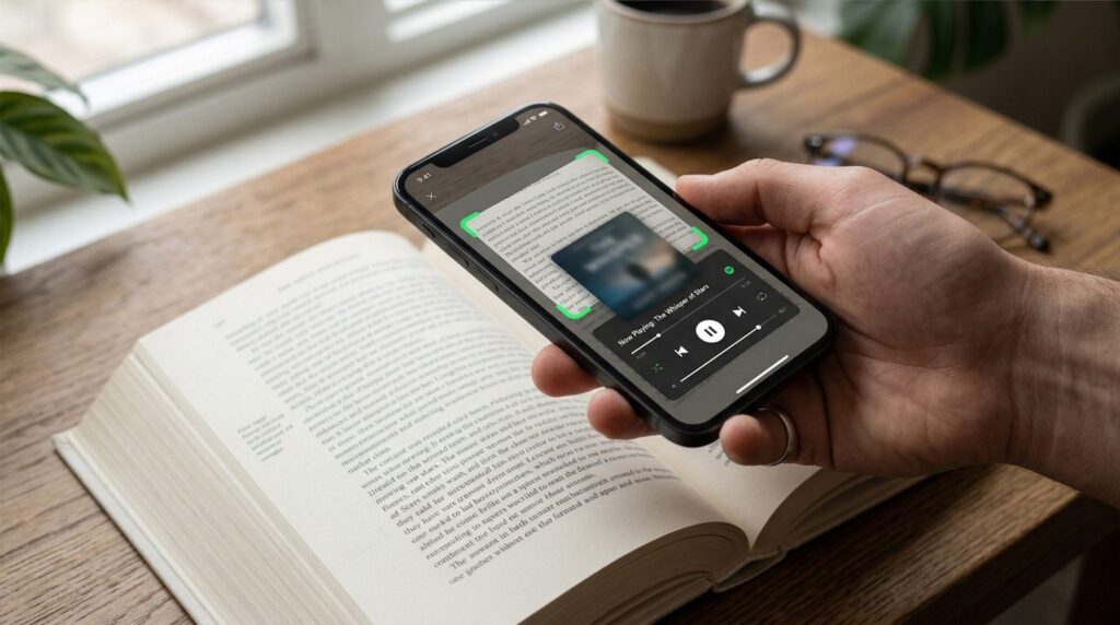 Spotify Page Match auf Smartphone mit Buch und Hörbuch