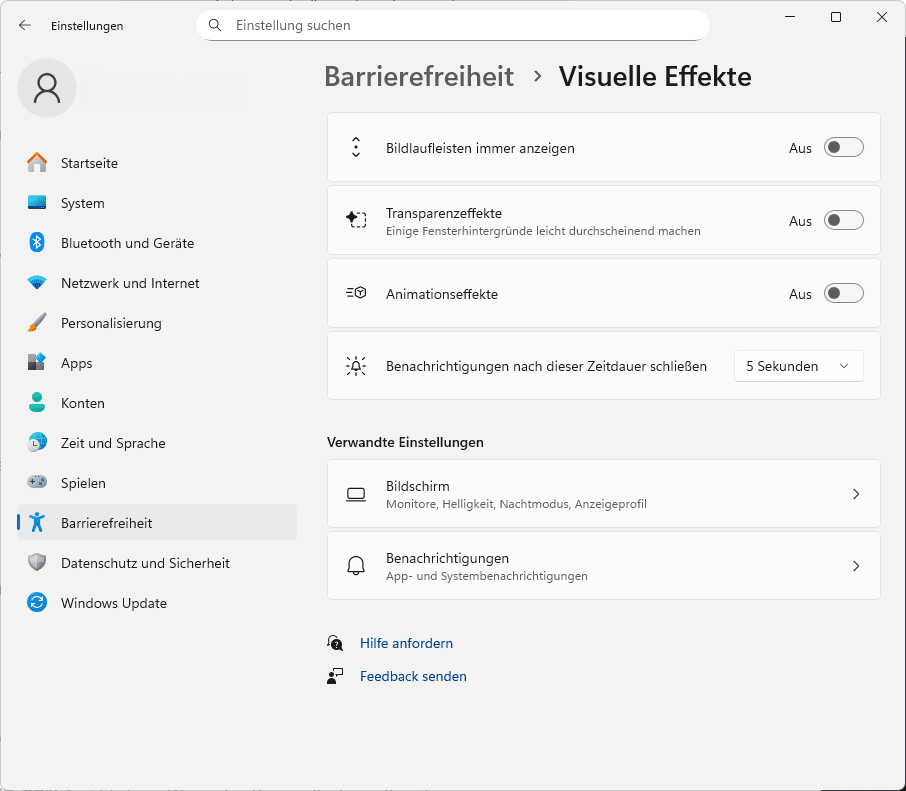 Windows 11 visuelle Effekte deaktivieren – Transparenz und Animationen