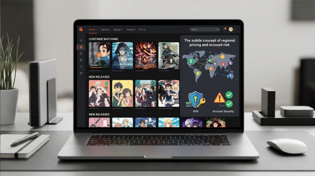 Crunchyroll Indien Trick auf Laptop mit Anime Streaming Oberfläche