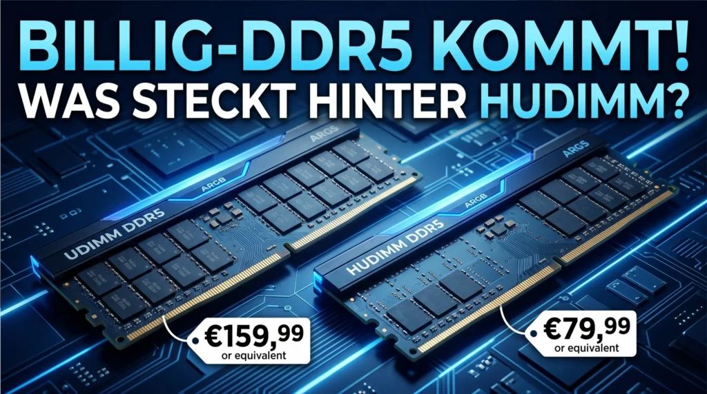 Vergleich von UDIMM DDR5 und HUDIMM DDR5 auf blauem Tech-Hintergrund mit Preisunterschied und dem Titel „Billig-DDR5 kommt! Was steckt hinter HUDIMM?“