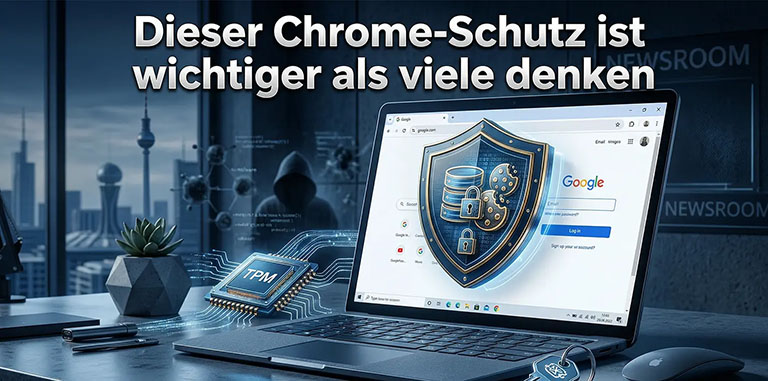 Chrome 146 auf Windows-Laptop mit hervorgehobenem Cookie-Schutz gegen Session-Diebstahl