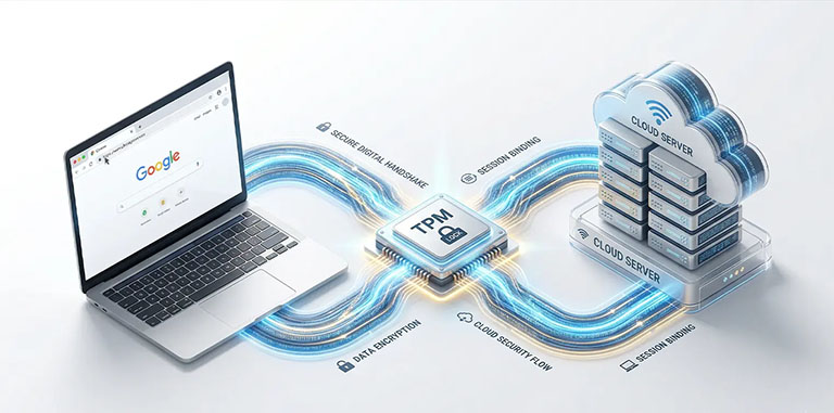 Schema zur Erklärung von DBSC, TPM und gerätegebundenen Login-Sitzungen in Chrome 146