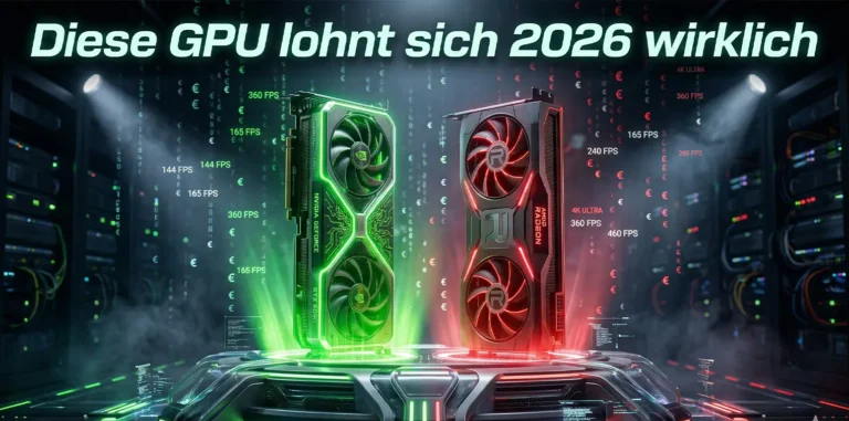 Hochwertige Darstellung einer Nvidia- und AMD-Grafikkarte auf einem futuristischen Sockel mit dem Titel "Diese GPU lohnt sich 2026 wirklich" vor einem Hintergrund aus digitalen Euro-Symbolen und FPS-Zahlen.