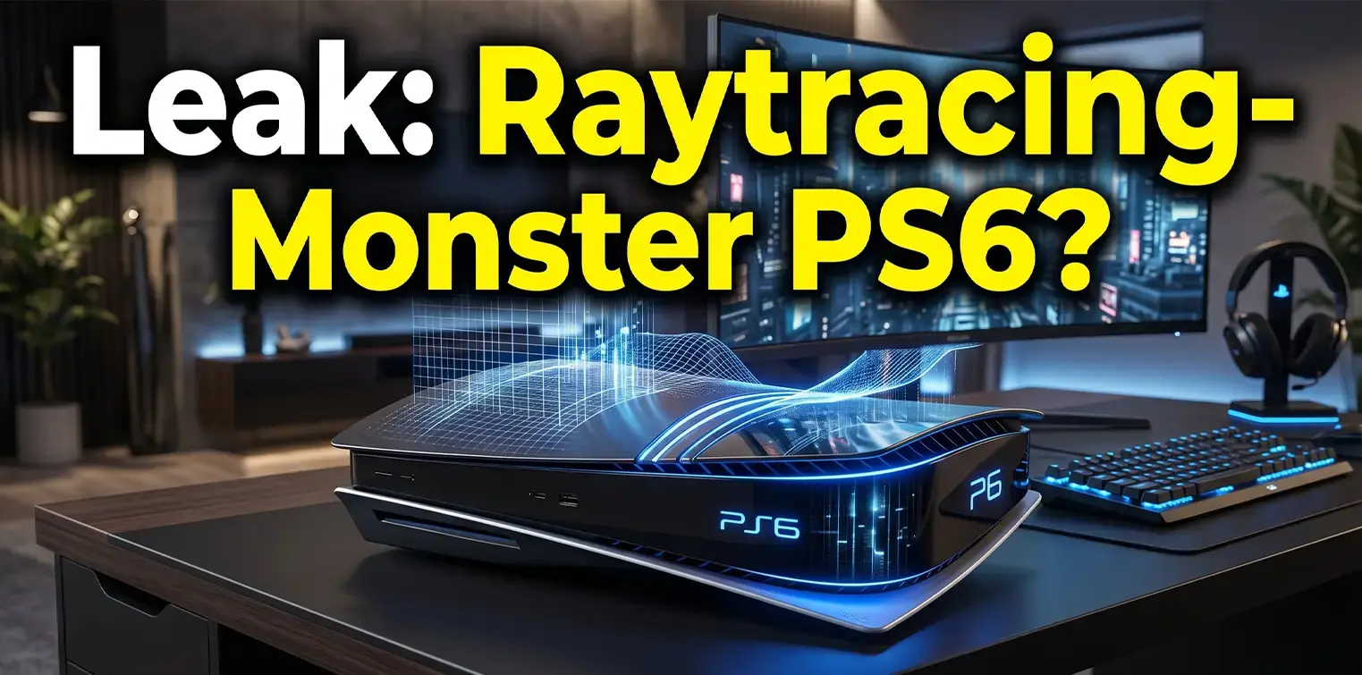 PlayStation 6 Leak Konzeptbild mit futuristischer Sony-Konsole, PSSR-Visualisierung und Raytracing-Lichteffekten